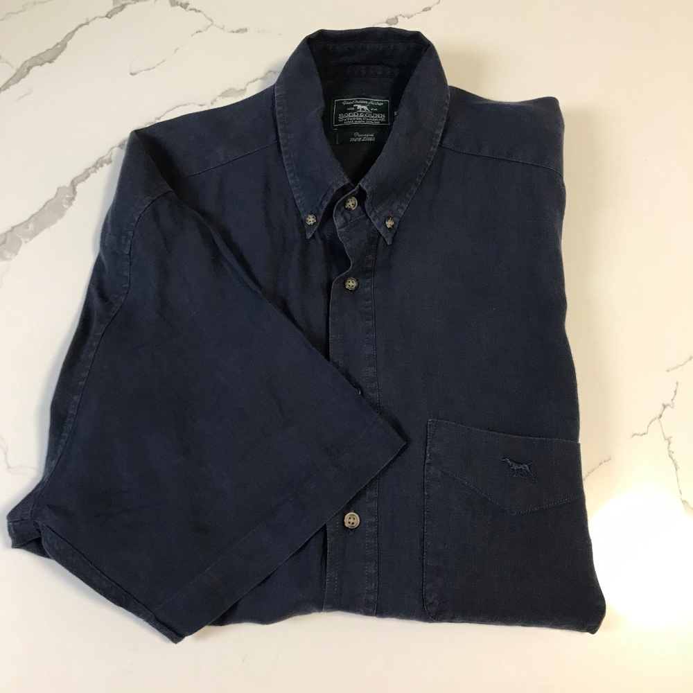 Rodd & Gunn 100% Pre Washed Linen Men’s XL Navy Short Sleeve Button Down Shirt